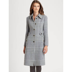 Tory Burch Virginia Glen Plaid Houndstooth Tweed Wool Coat Green Teal White 2